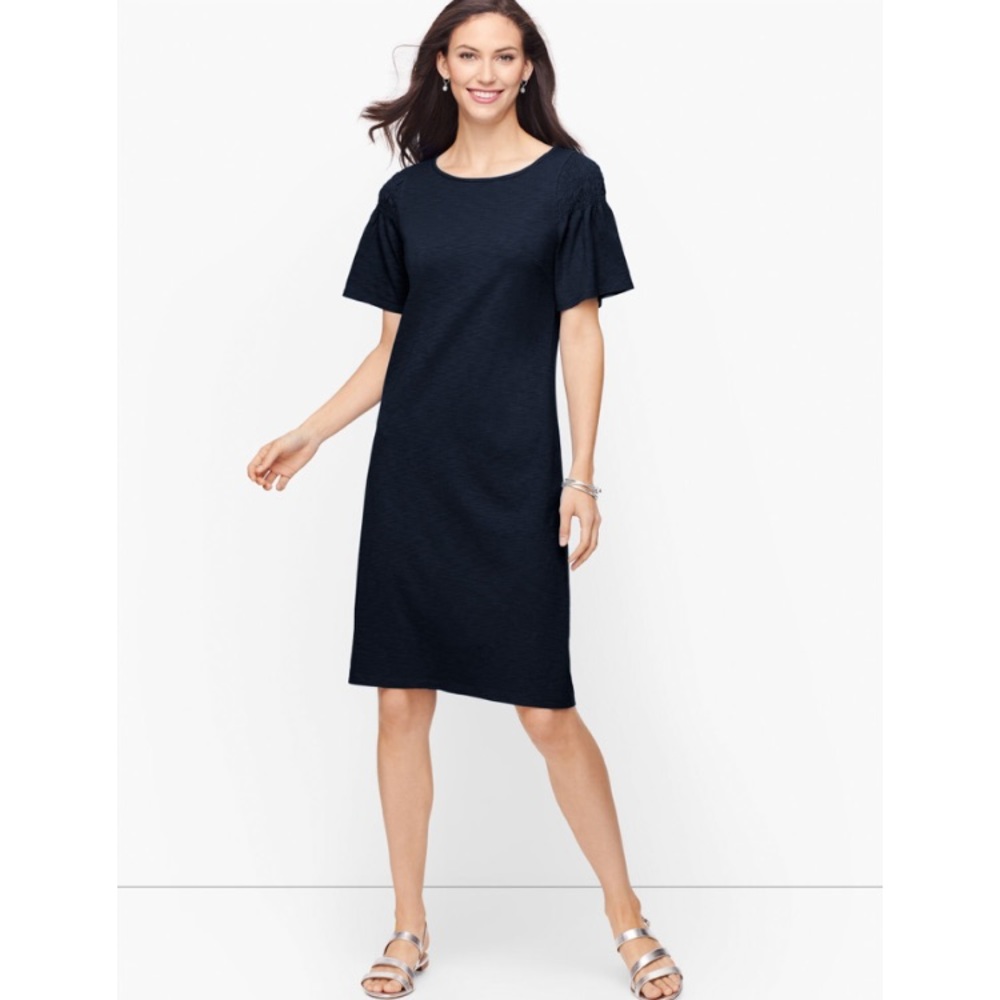 TALBOTS SMOCKED SLEEVE KNIT SHIFT DRESS - SOLID INDIGO